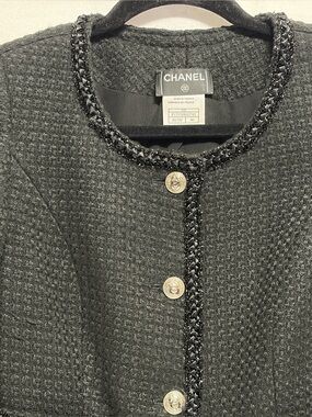 CHANEL Black Bouclé Tweed Jacket with silver Buttons, black embellishments